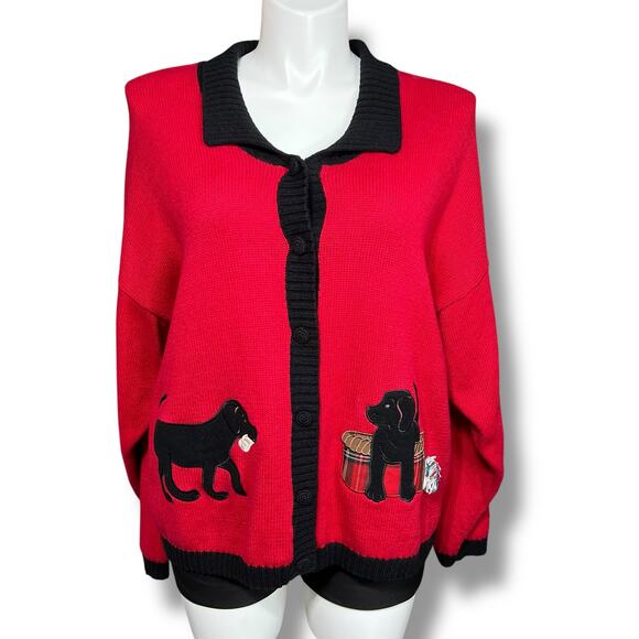 Vintage Timber Lea Womens Sweater Cardigan Collared Button Down Dog Theme Red 2X - Picture 1 of 14